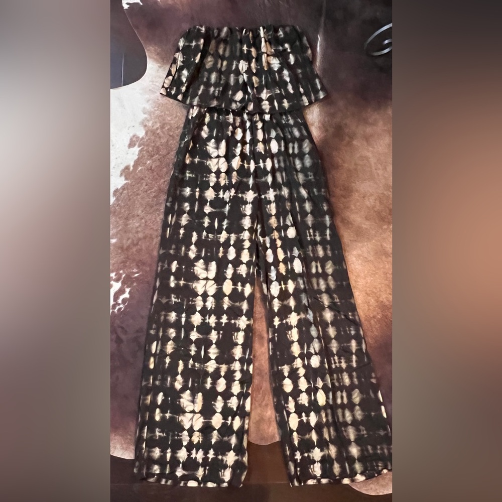 Tyche Black and Cream Off-Shoulder Tie-Dye Wide-Leg Jumpsuit